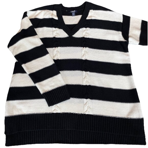 VTG Chaps Cable Knit V-Neck Sweater Women XL Black Stripe Preppy Tennis Nautical - Picture 1 of 9